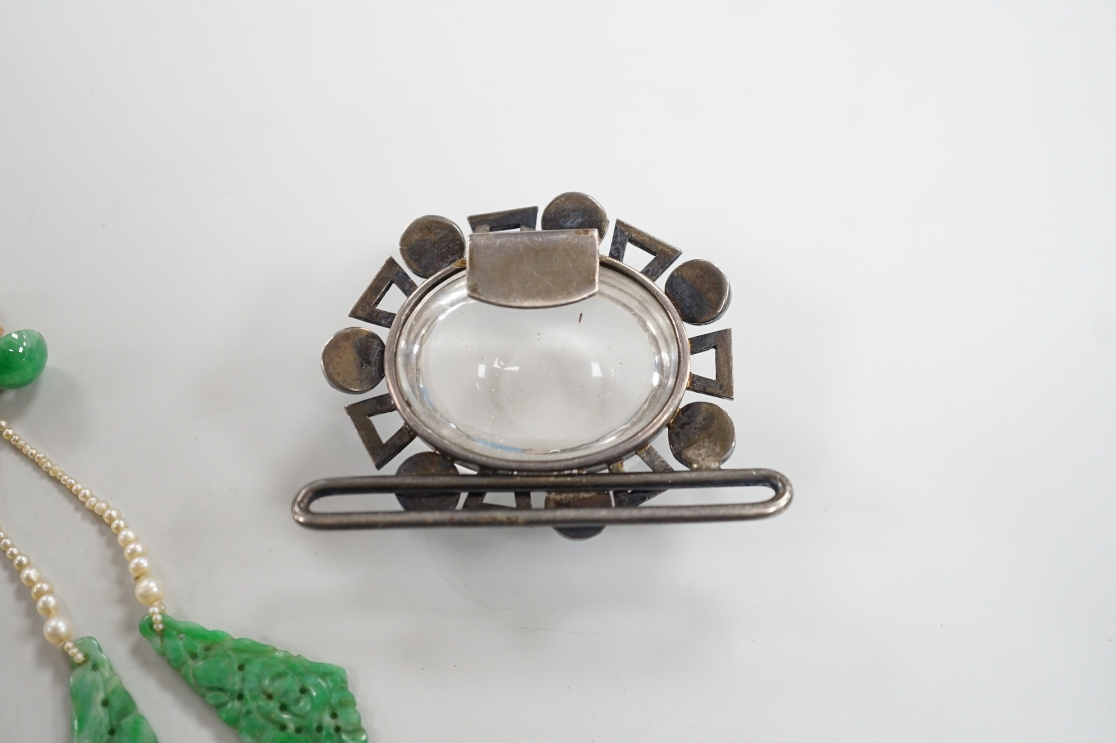 A pair of yellow metal, jade and seed pearl set drop earrings, 7cm, a seed pearl necklace with 9ct clasp, a belt section and a paste set brooch.